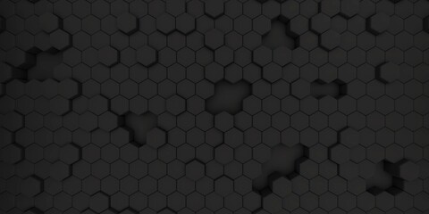 Dark hexagonal background texture, black, 3d illustration