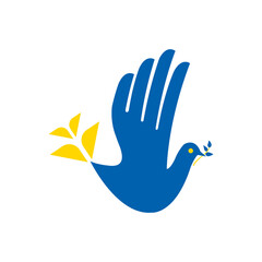 Support Ukraine to stop the war flat vector patriotic peace dove with olive branch in national flag colors