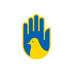 Support Ukraine to stop the war flat vector patriotic element hand with dove in national flag colors