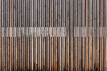 Fence from vertical wooden narrow planks, copy space.