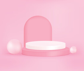 Product display podium with pearls on pink background, 3D rendering podium. Vector Pink pastel podium minimal style .