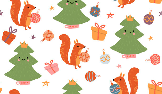 Hand Drawn Childish Seamless Repeat Pattern with Christmas trees,Squirrels and Gifts.Colorful background and texture for printing on fabric and paper.Vector flat cartoon illustration. 
