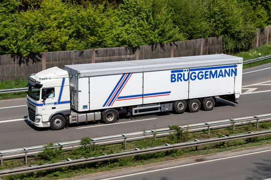 WIEHL, GERMANY - MAY 3, 2022: Brüggemann DAF XF truck with bulk trailer on motorway