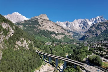 Fototapete Mont Blanc A5 freeway from Aosta to Mont Blanc. Italy.