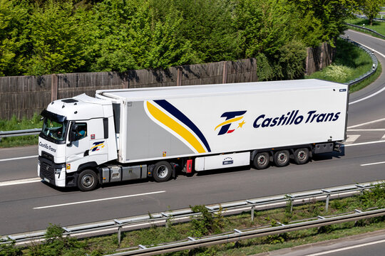 WIEHL, GERMANY - MAY 3, 2022: Castillo Trans Renault truck with temperature controlled trailer on motorway