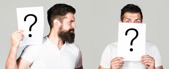 Man a question, anonymous, incognita. Question mark, symbol. Man with question mark. Paper notes with question marks