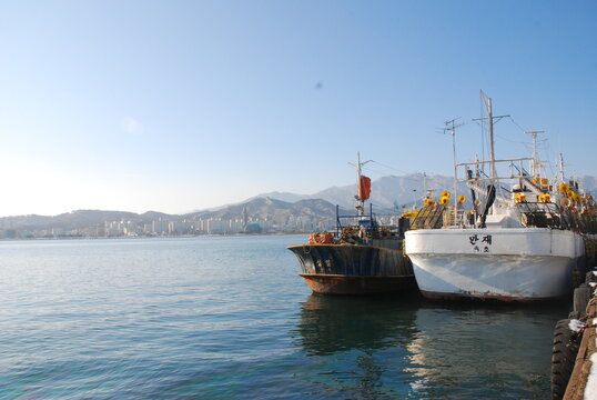 Korean fishing boat anchored in harbor, South Korea