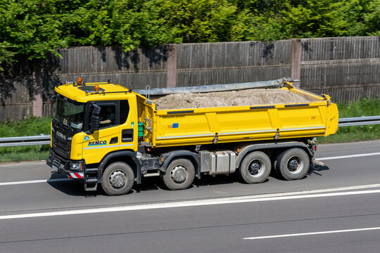 WIEHL, GERMANY - MAY 3, 2022: Renco Scania tipper truck on motorway