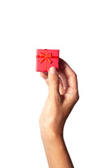 woman hand handing over a red gift box on white background
