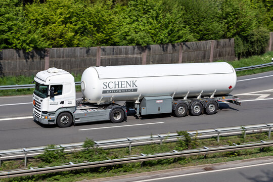 WIEHL, GERMANY - MAY 3, 2022: Schenk Scania truck with gas trailer on motorway