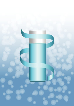 Bottle Vector On Blue Background. Satin Blue Ribbon Around Empty Cosmetic Bottle