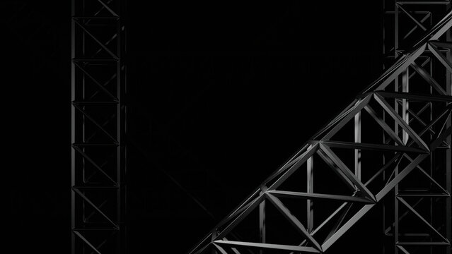 3d metal frames move in dark. Design. Metal building frames are moving into darkness. Construction metal structures move on black background