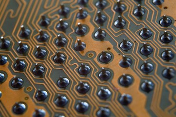 contacts on the surface of the motherboard from the computer. close-up