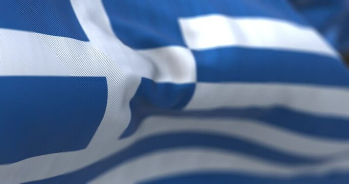 Close-up view of the greek national flag waving in the wind