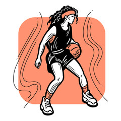 Basketball player playing with ball. Healthy funny sport activity. Trendy jumping fitness exercises for young people. Fashion sportswear. Hand drawn illustration. Cartoon line style character drawing.