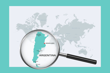 Map of Argentina on political world map with magnifying glass
