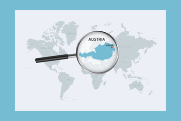 Fototapeta premium Map of Austria on political world map with magnifying glass