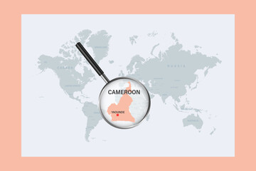 Map of Cameroon political world map with magnifying glass