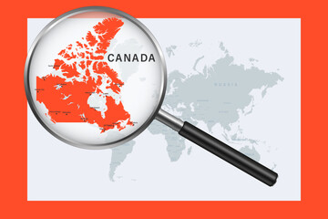Map of Canada on political world map with magnifying glass