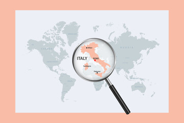 Map of Italy on political world map with magnifying glass