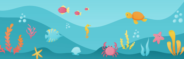 Ocean underwater landscape, seaweed, crab, starfish, turtle and fish. Seafloor seascape with ocean flora and fauna. Vector illustration.