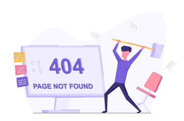 Fototapeta na wymiar Mistake 404. Page not found. A man with a hammer tries to smash a screen