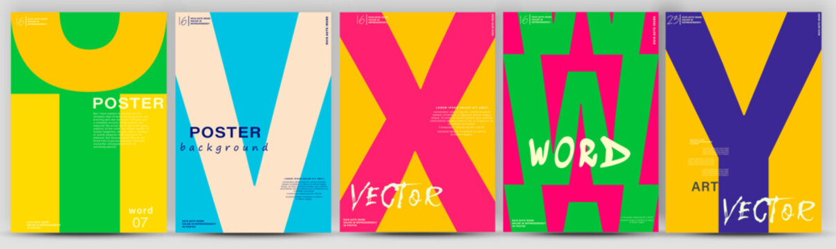 Creative fashionable poster design. Letters U,V,X,W,Y. Alphabet. Template poster, banner, magazine mockup.