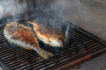 Two sea fish on the grill are being grilled on barbecue coals.