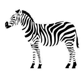 Fototapeta na wymiar Striped zebra silhouette. Herbivorous hoofed mammal. African wild animal. Fauna and zoology. Design template for label, sign, logo. Cartoon black and white isolated illustration. White background