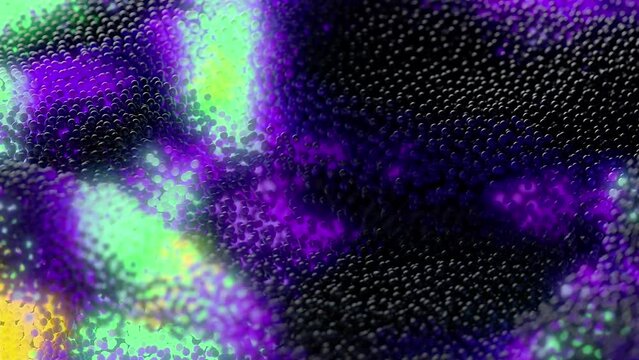Animation of black balls filling the entire space, 3D particles move in waves, causing a bright glow of multi-colored flashes. 4K futuristic background, abstract spheres, motion design. Close-up