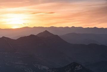Sunset silhouette over mountains (Alta Garrotxa, Spain)