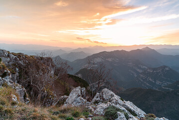 Colorful sky at sunset in the mountains.