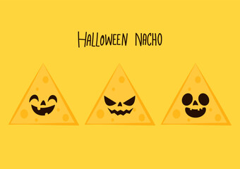 Halloween pumpkin faces on Nacho. Nacho vector. Nachos on yellow background.