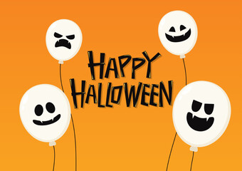 Happy Halloween text banner. Happy Halloween text design on orange background. Halloween balloon. Pumpkin face on balloon.