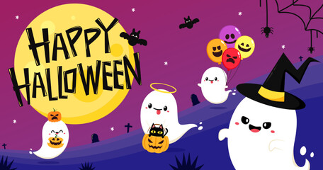 Happy halloween party greeting card with cute ghost. Holidays cartoon character. Trick or treat design with cute pumpkin. Halloween funny cartoon.
