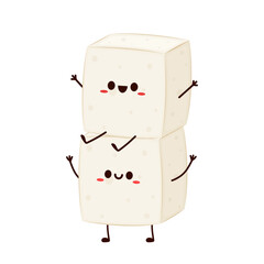 Cute tofu cartoon. Happy cute smiling funny tofu. character design. Vegetarian nutrition, healthy food.