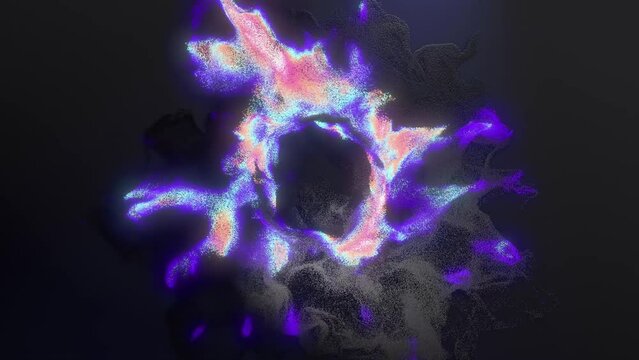 The dark particles form a circle and explode into a bright multi-colored glow and gradually dissipate. 3D futuristic abstract animation on a black background perfect for your logo. 4K