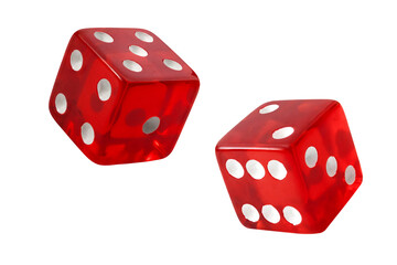 Red pair of casino dice rolled a seven with each die rolling a five and two isolated on white background with clipping path cutout concept for games of chance, taking a risk and luck in gambling - obrazy, fototapety, plakaty