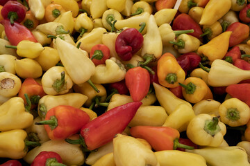 Ripe yellow, red  peppers in vegetables market