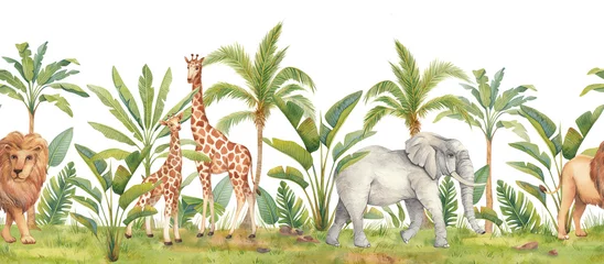 Foto auf Acrylglas Schönes tropisches horizontales nahtloses Muster mit handgemalten Aquarelltieren und Palmen. Afrikanische Tiere: Giraffe, Elefant, Löwe. Botanische Kunst. © ZubiZub