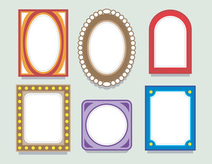 Photo frames or mirror. Drawing in vector. Set of various decorative frames or borders. Different shapes. Elegant, vintage and modern style. All elements are isolated