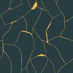 Kintsugi vector seamless pattern with gold lines on a dark blue background. Broken stylized Japanese ornament in modern design. Elegant abstract background with asymmetric tiles