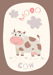 Cute cow. Rarm animal vector illustration. Printable nursery poster design, Wall decor for kids.