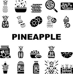 fruit pineapple slice cut food icons set vector. white fresh tropical yellow sweet ananas, leaf, piece summer juicy half ripe dessert fruit pineapple slice cut food glyph pictogram Illustrations