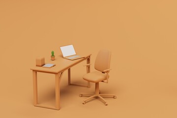 workplace in the office on an orange background. routine work. desk, orange chair. on the table is a laptop and writing utensils. 3d render. 3d illustration