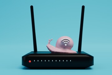 slow wifi internet. weak modem for signal distribution. a black router on which a snail sits with a Wi-Fi icon on a blue background. 3d render. 3d illustration - obrazy, fototapety, plakaty