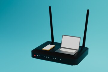 high-speed mobile and wireless internet for a laptop. modem for signal distribution. Internet payment online.smartphone and laptop on a black modem on a turquoise background.3d render. 3d illustration