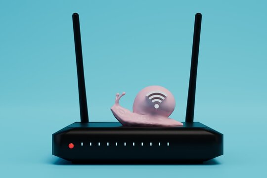 slow wifi internet. weak modem for signal distribution. a black router on which a snail sits with a Wi-Fi icon on a blue background. 3d render. 3d illustration