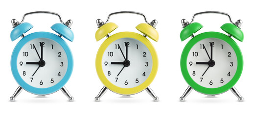 Set of alarm clocks isolated on white background with clipping path.