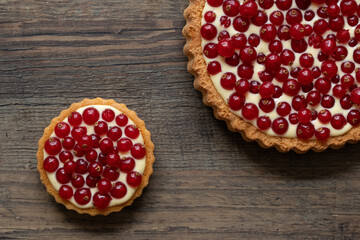 rote Johannisbeeren und Pudding in Törtchen auf Tisch aus Holz